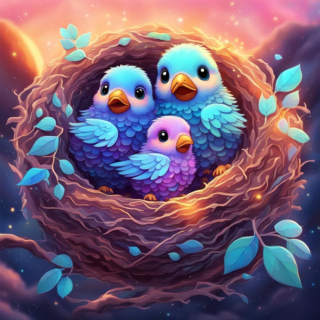 Kawaii Baby Birds in Nest: Cosmic Illustration