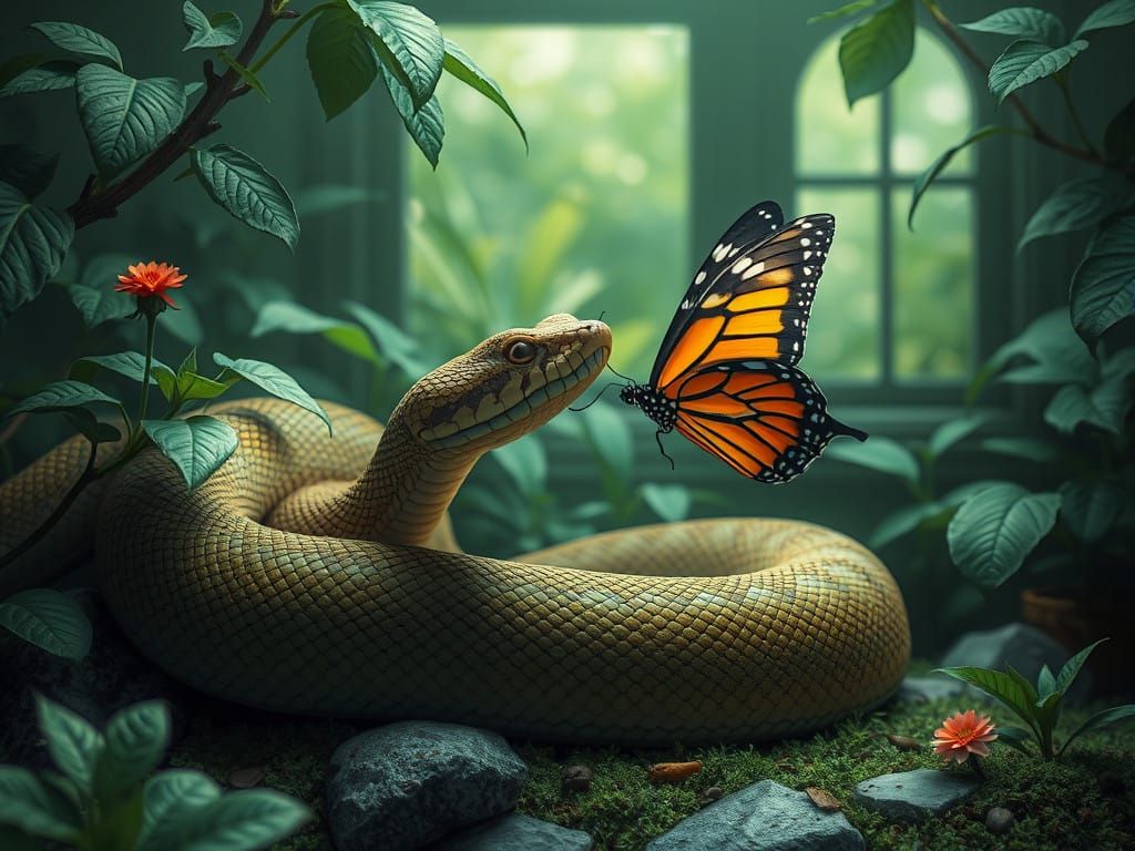 Surreal Scene of a Snake Coexisting with a Butterfly in a Do...
