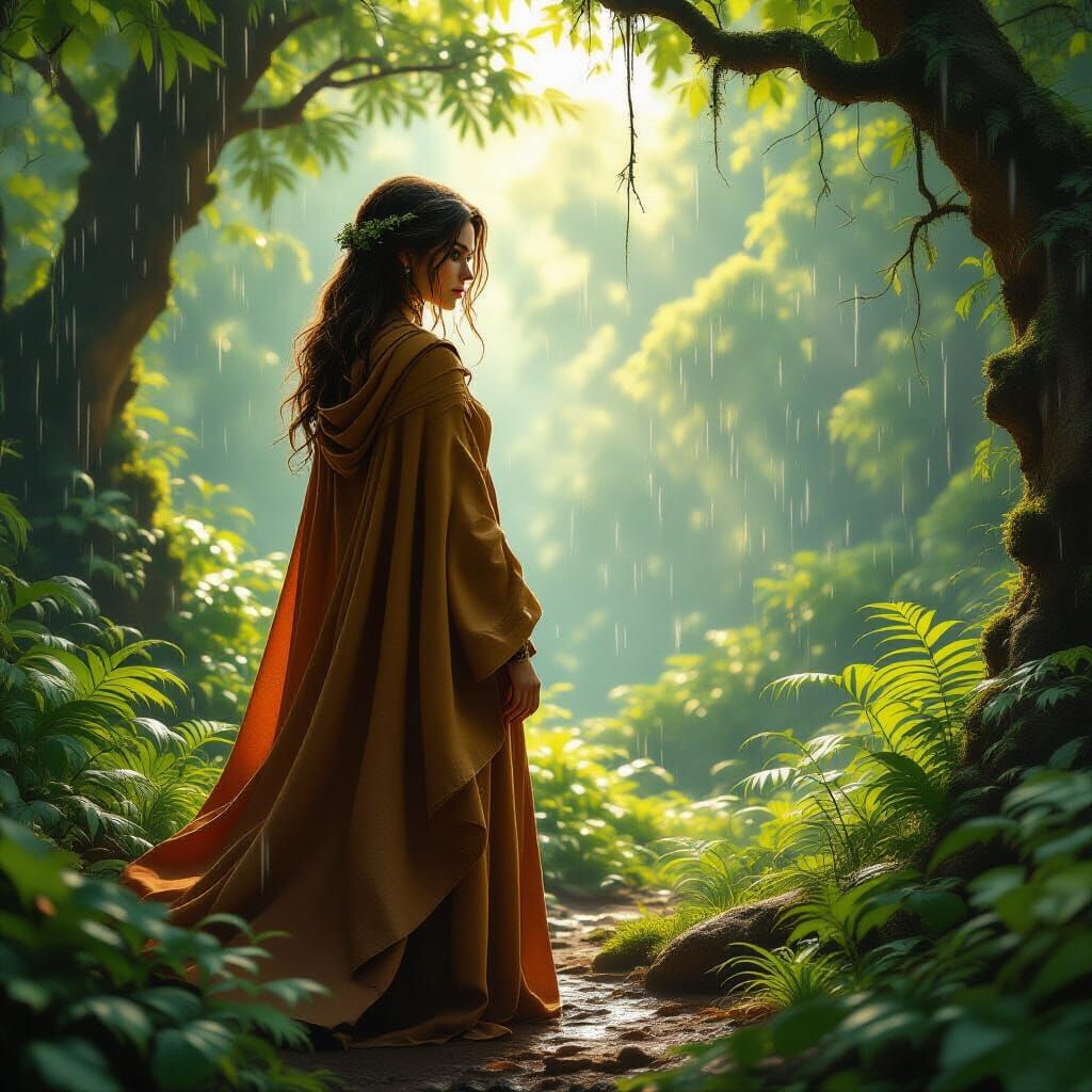 Woman in Forest Rain: Hyperrealistic Colorful Scene