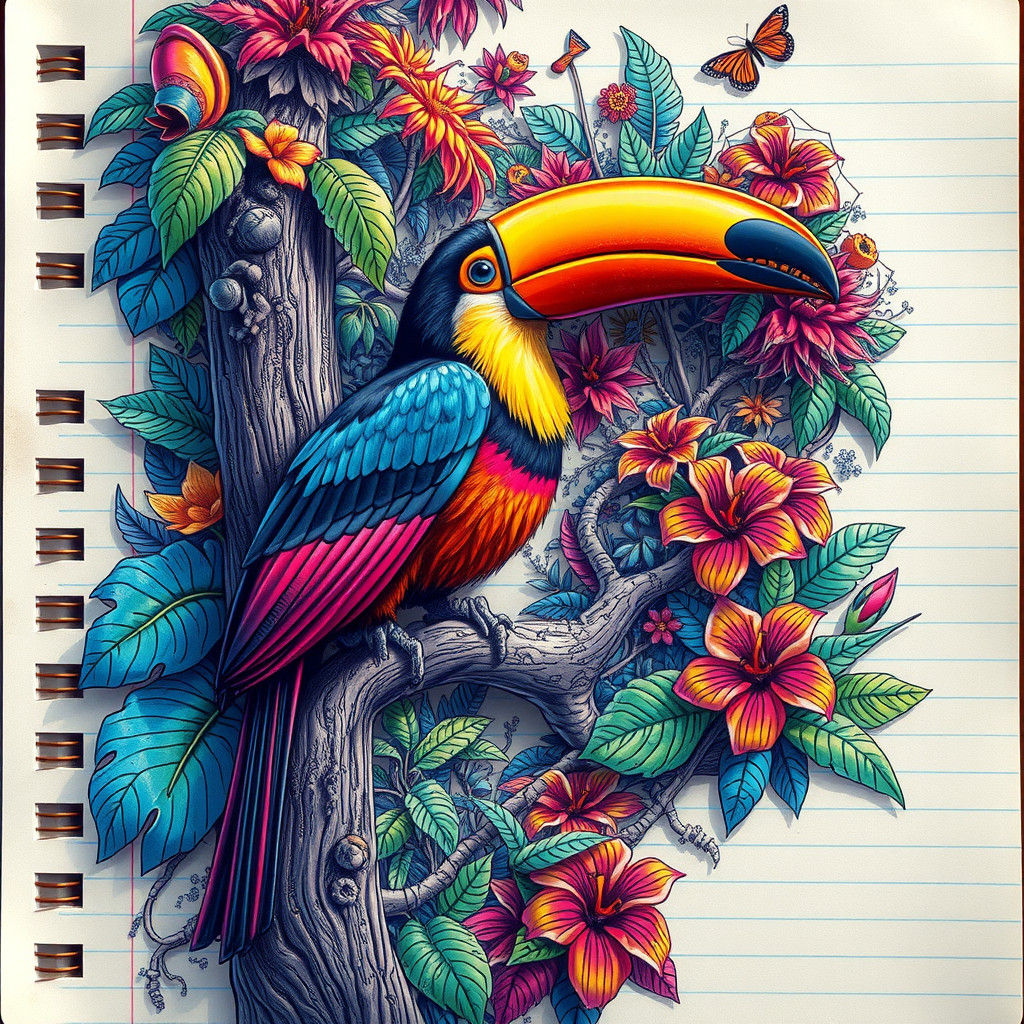 Rainbow Toucan in Algorithmic Doodle Rainforest