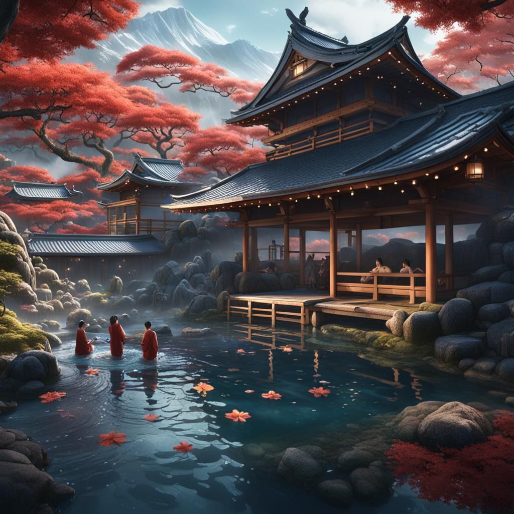 Japanese Onsen Spa in Detailed Digital Painting