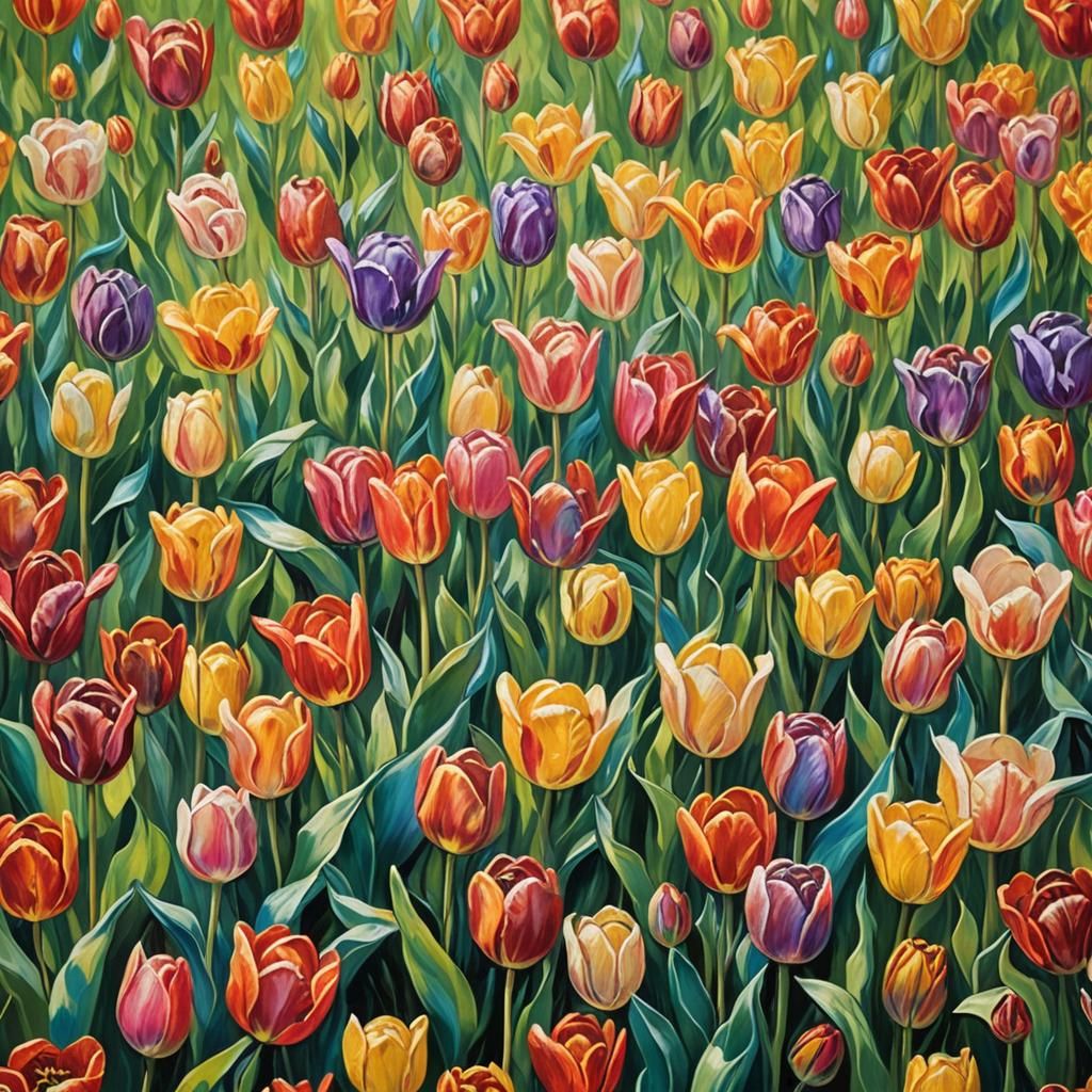 Rainbow Tulip Field in Impressionist Oil Painting