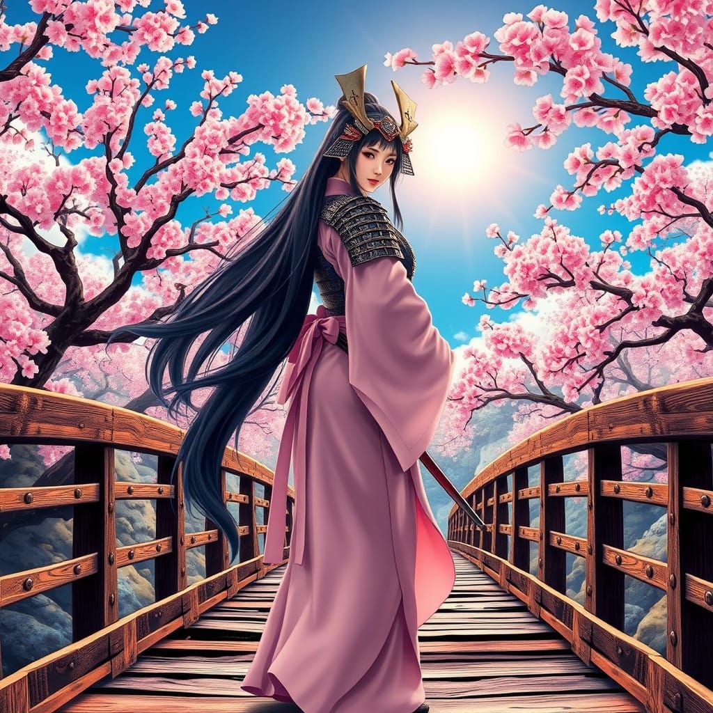Elegant Samurai Woman in Cherry Blossom Haven