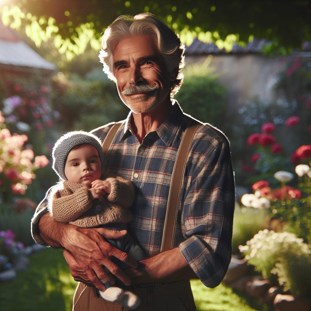 Serene Grandfather Moment in a Vibrant Garden