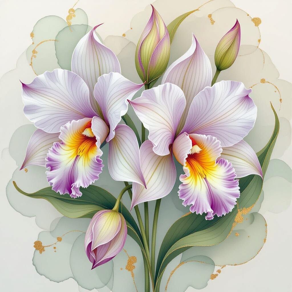 Lady Slipper Orchids in Alcohol Ink with Gold