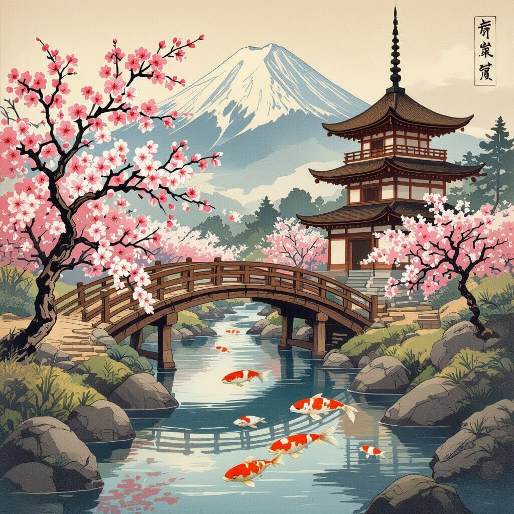 Cherry Blossom Landscape in Ukiyo-e Style