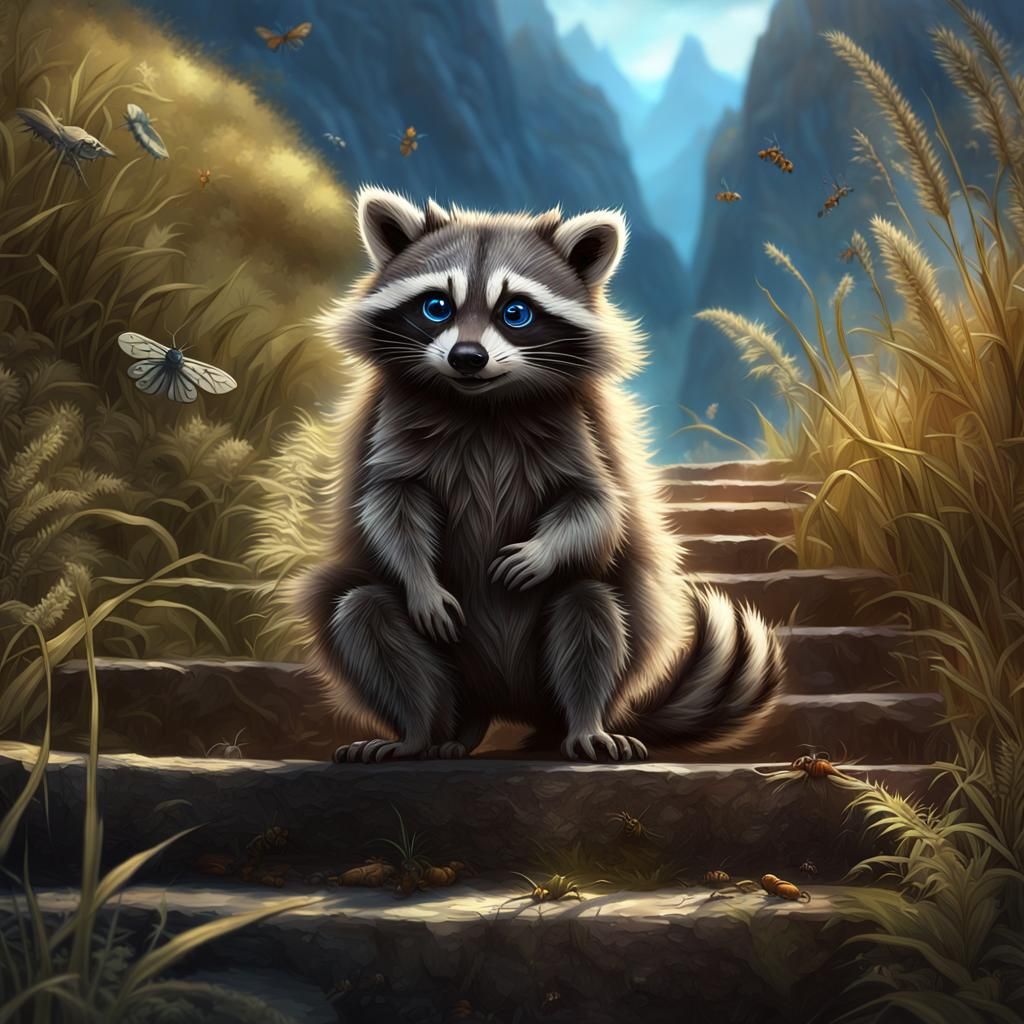 Detailed Raccoon Climbing Mountain in Dark Fantasy Style