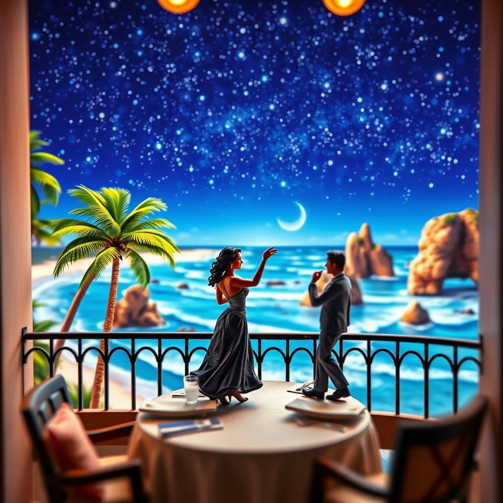 Elegant Couple Dances Under Starry Tropical Night Sky
