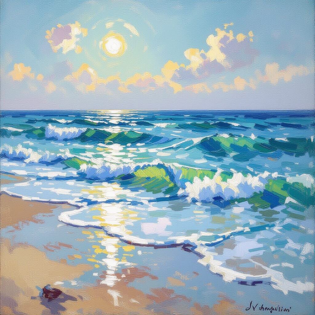 Serene Ocean Waves in Impressionist Style