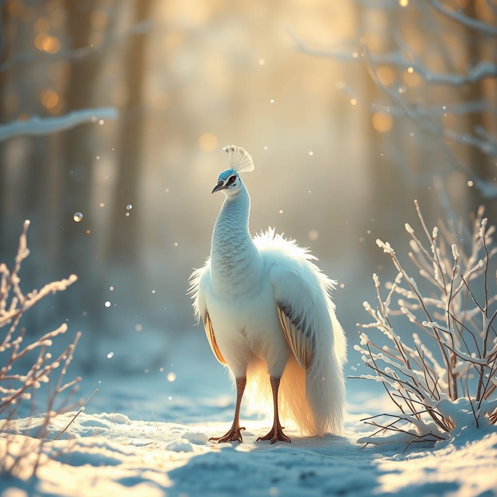 Majestic Snow Peacock in a Dreamlike Winter Wonderland