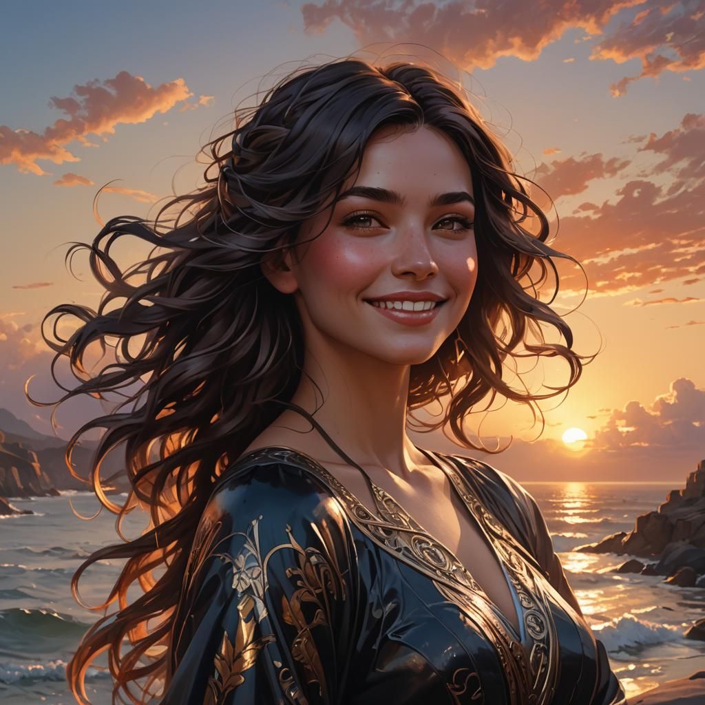 Sunset Portrait of Smiling Girl, Hyperdetailed Digital Art