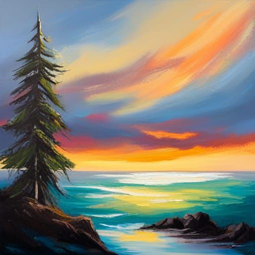 Bob Ross Style Sunset Oil Painting