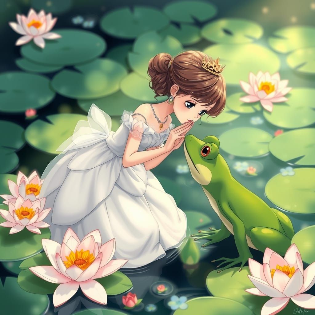 Princess Kisses Frog in Whimsical Anime Style