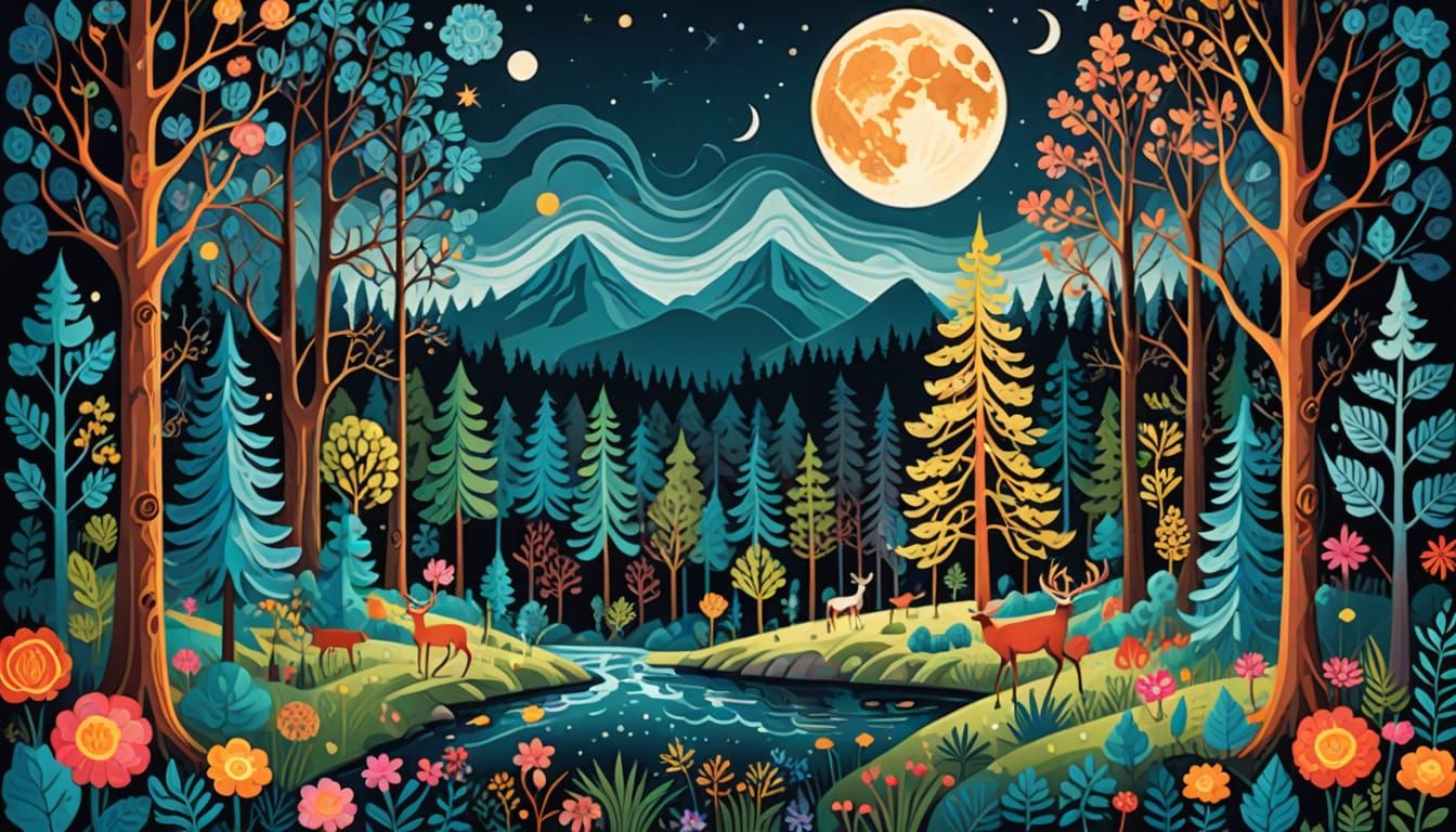 Moonlit Magical Forest in Graphic Folk Art Style