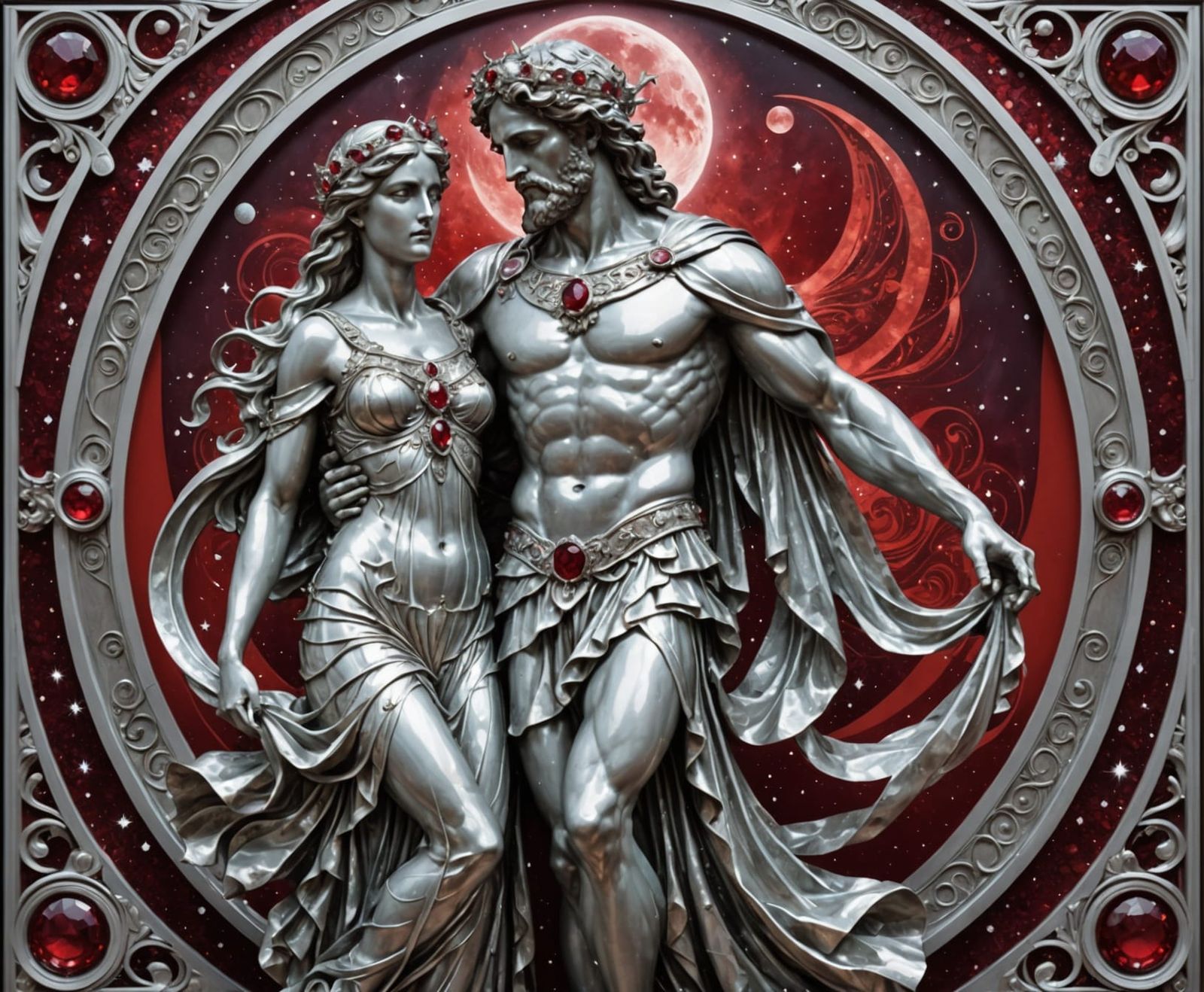 Greek God Statue in Elegant Alphonse Mucha Style