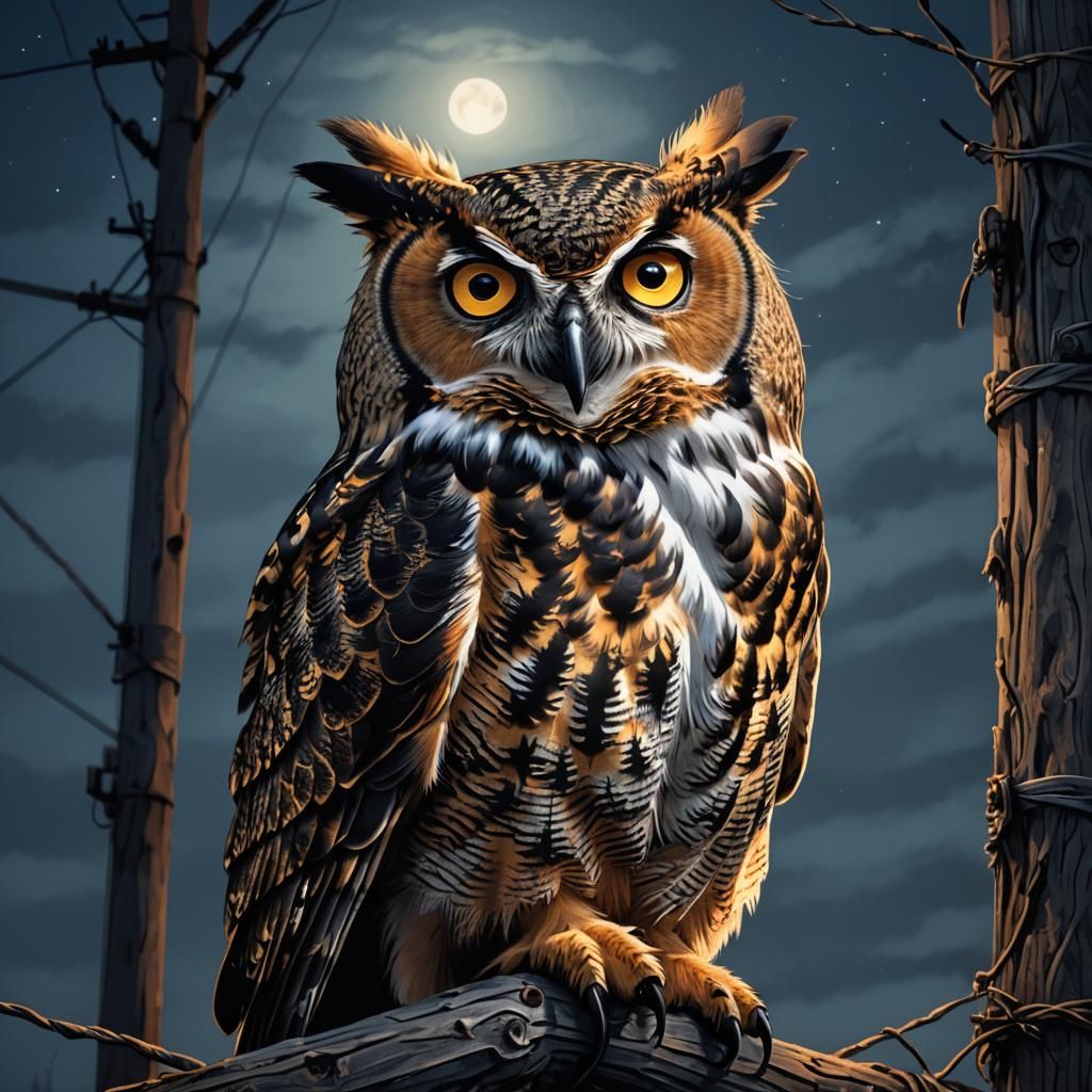 Great Horned Owl on Power Pole Illustration