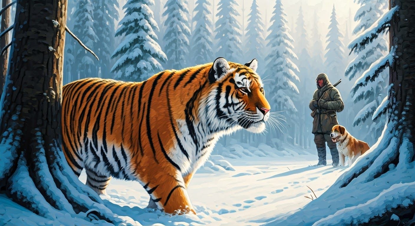 Epic Siberian Tiger Confronts Hunter and Dog in Snowy Forest