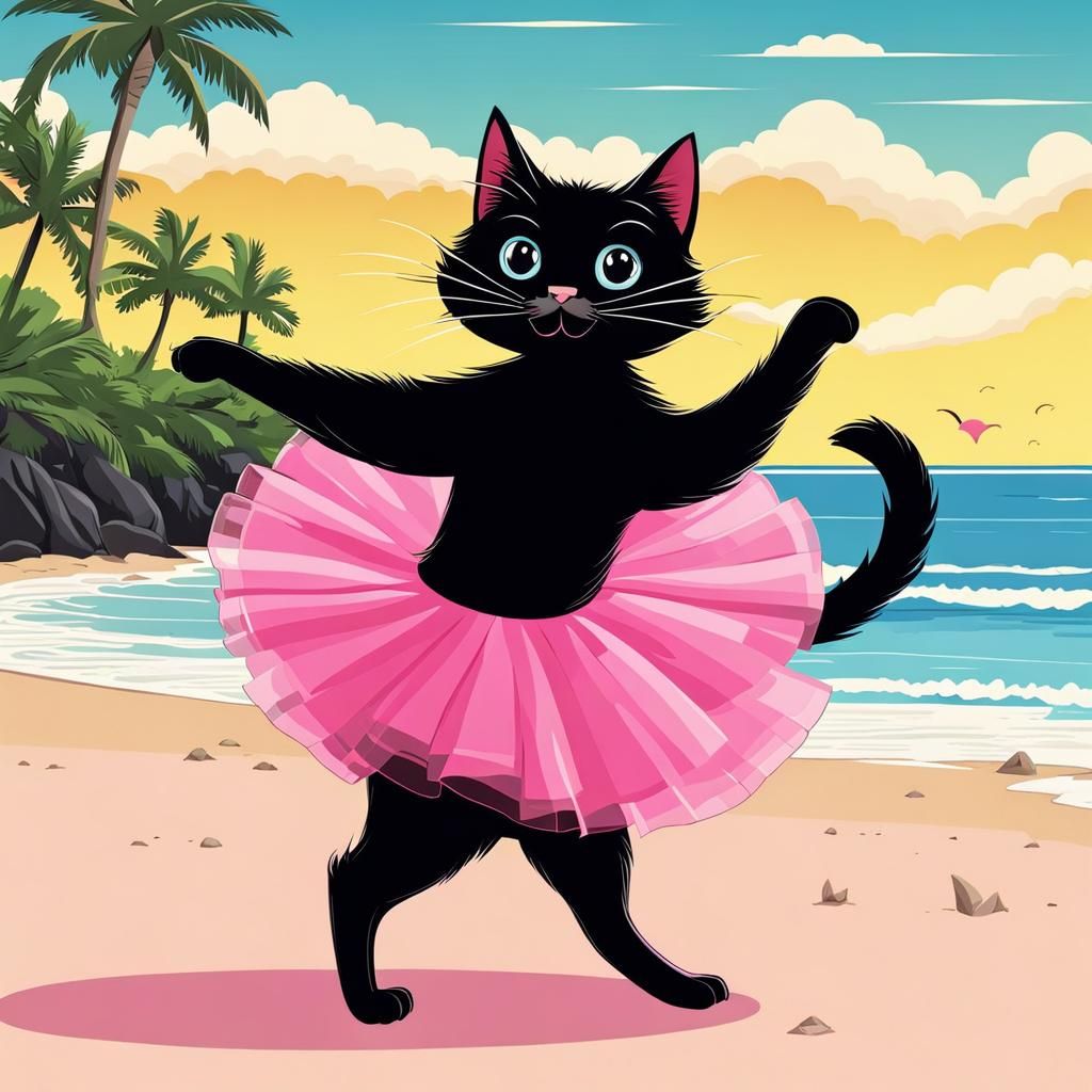Happy Black Cat Dancing in Pink Tutu: Comics Style