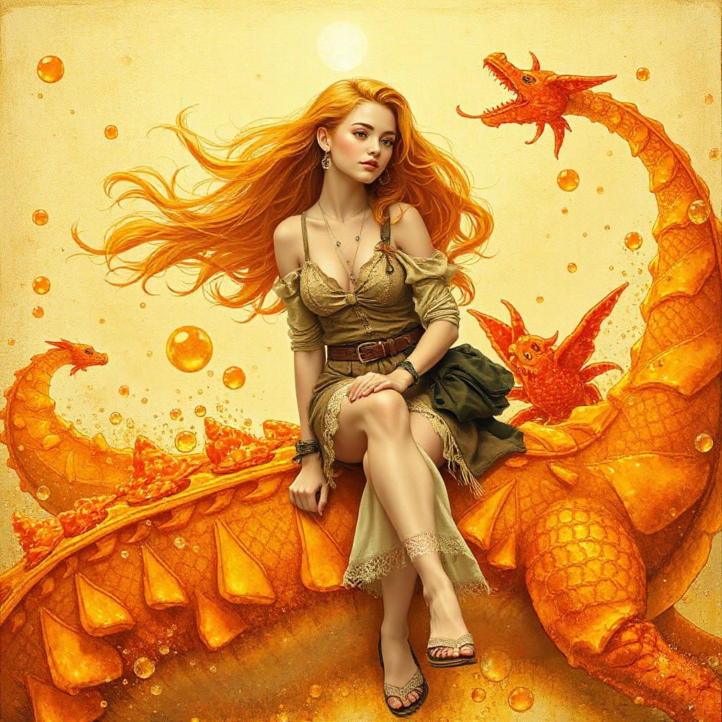 Woman on Gummy Dragon in Effervescent Soda Sea