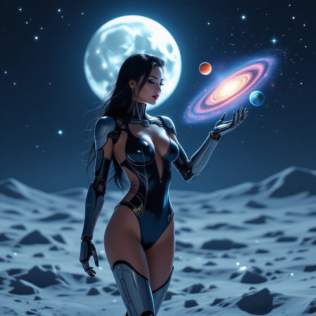 Android Woman Pin-up Holding Galaxy on Moon