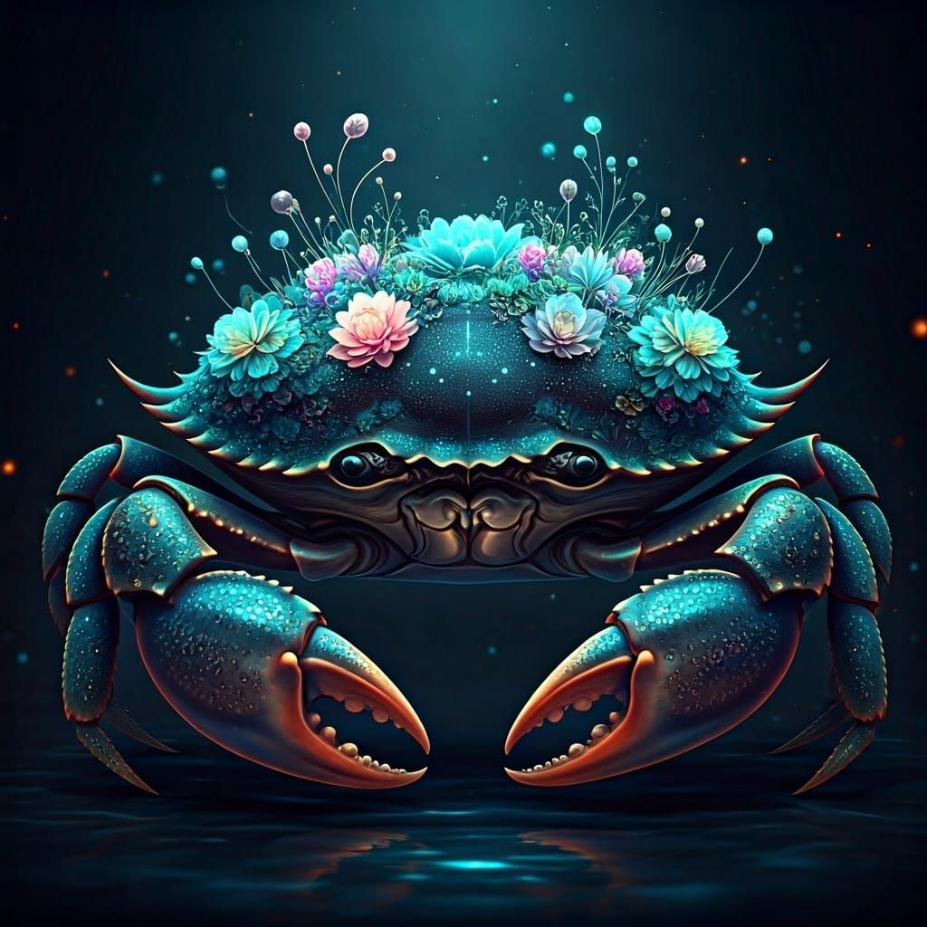 Bioluminescent Crab with Glowing Flora in Digital Art