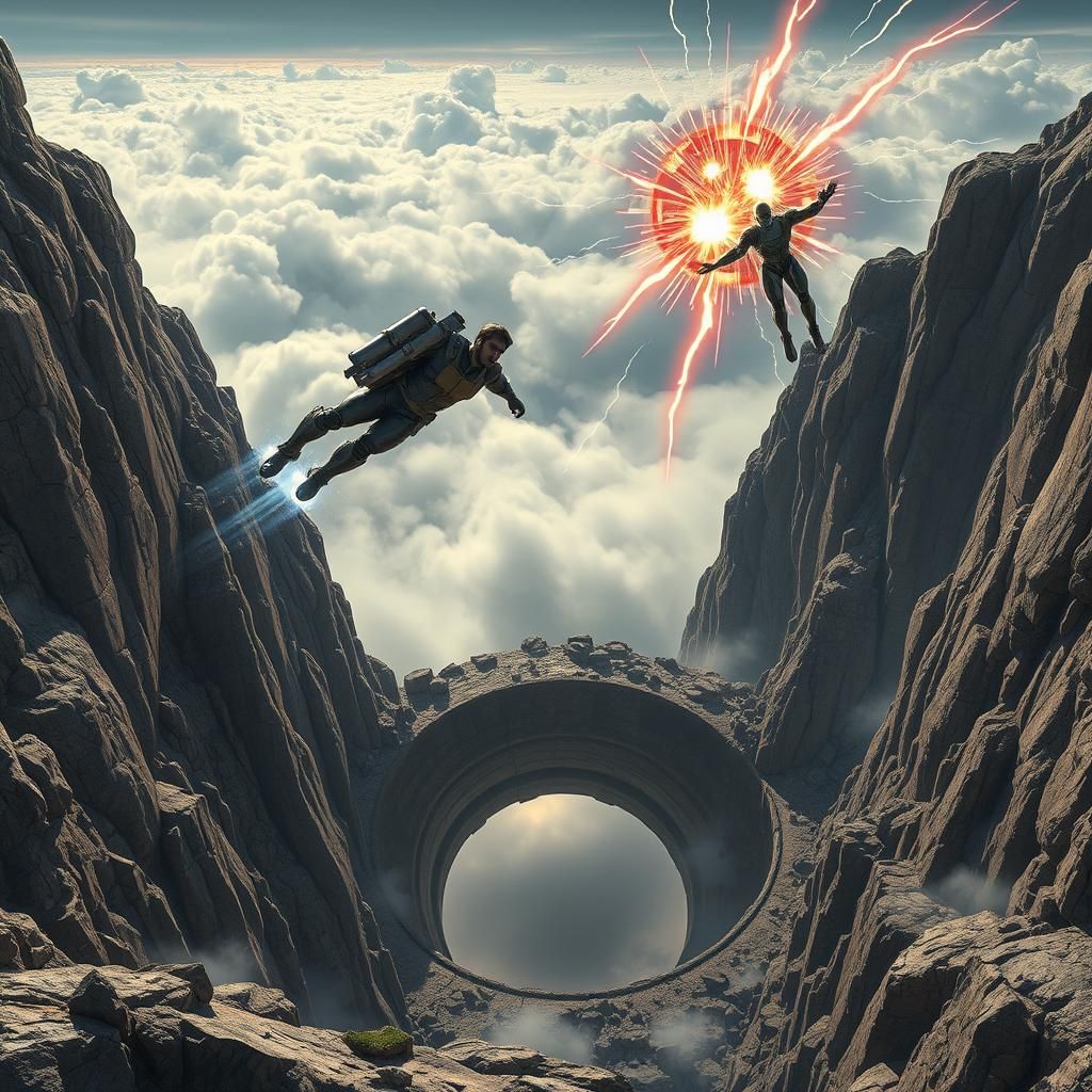 Comic Art Battle Above a Mountain Hole