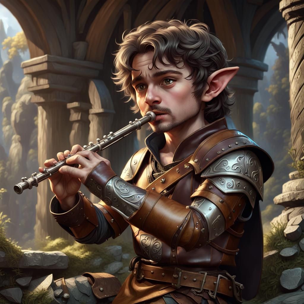 Halfling Bard Playing Flute: Dark Fantasy Concept Art
