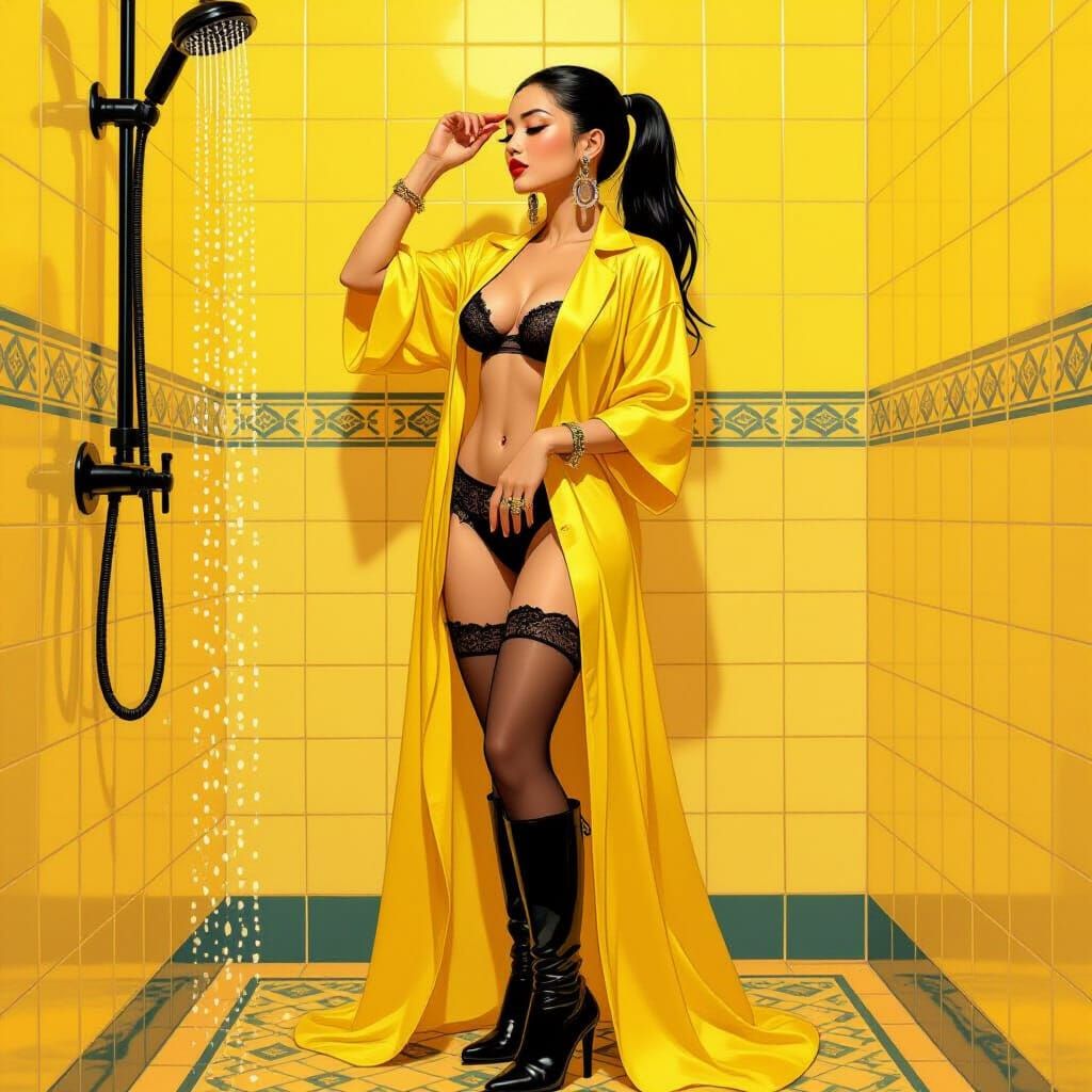 Woman in Yellow Bathroom: Art Nouveau AI Image