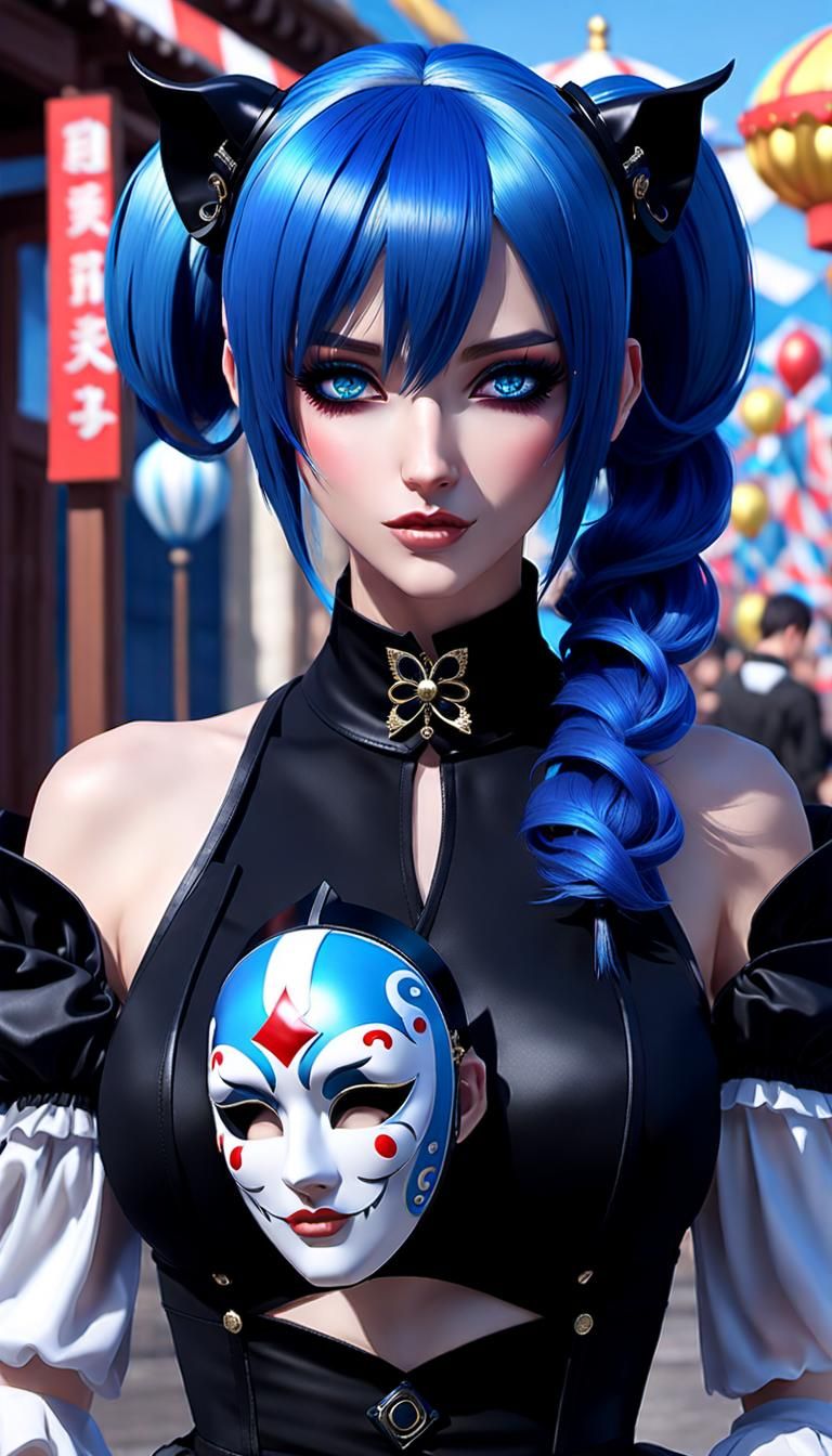 Blue-Haired Goth Girl with Carnival Mask in Anime Style