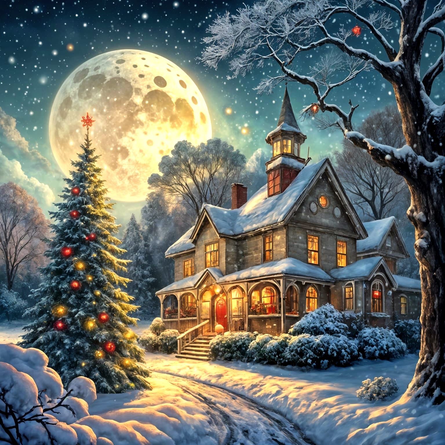 Enchanted Christmas Square in Watercolor Style