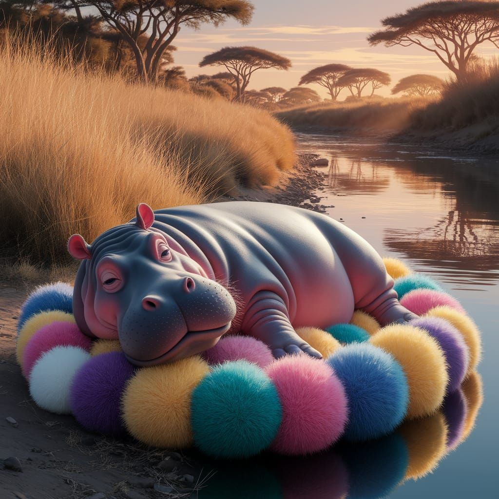 Dreamy Hippo Asleep on Pom Poms in Art Nouveau Style