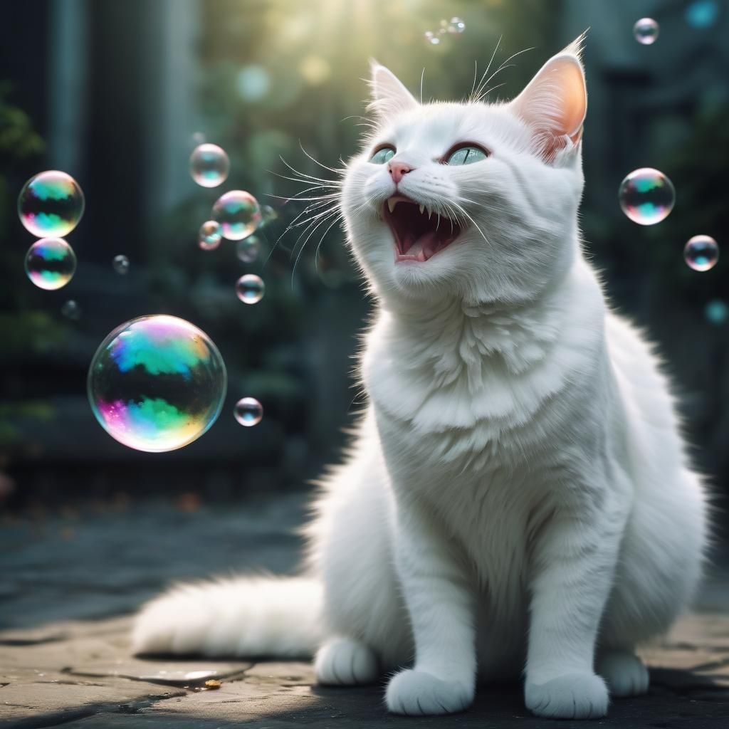 Happy White Cat Blowing Bubbles, Cinematic Film Still