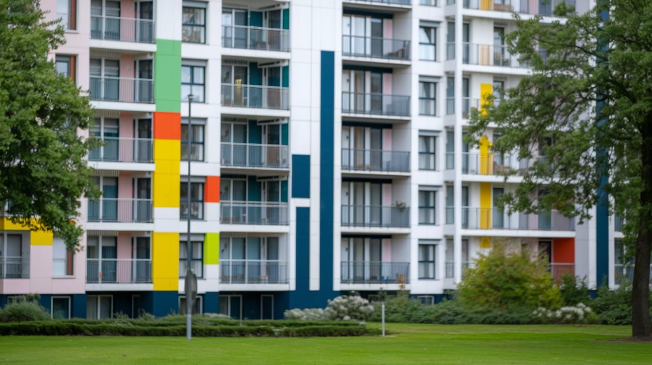 Mondrian-Inspired Cityscape with Green Lawn