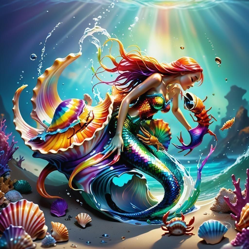 Rainbow Mermaid Defends Seashell: Detailed Digital Art