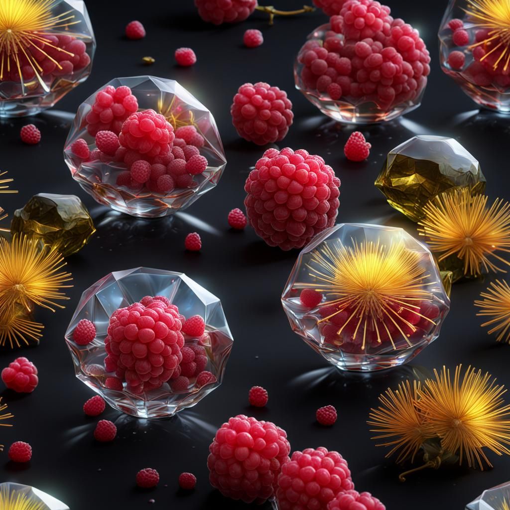 Hyperrealistic Crystal Glasses with Raspberries, 3D Render