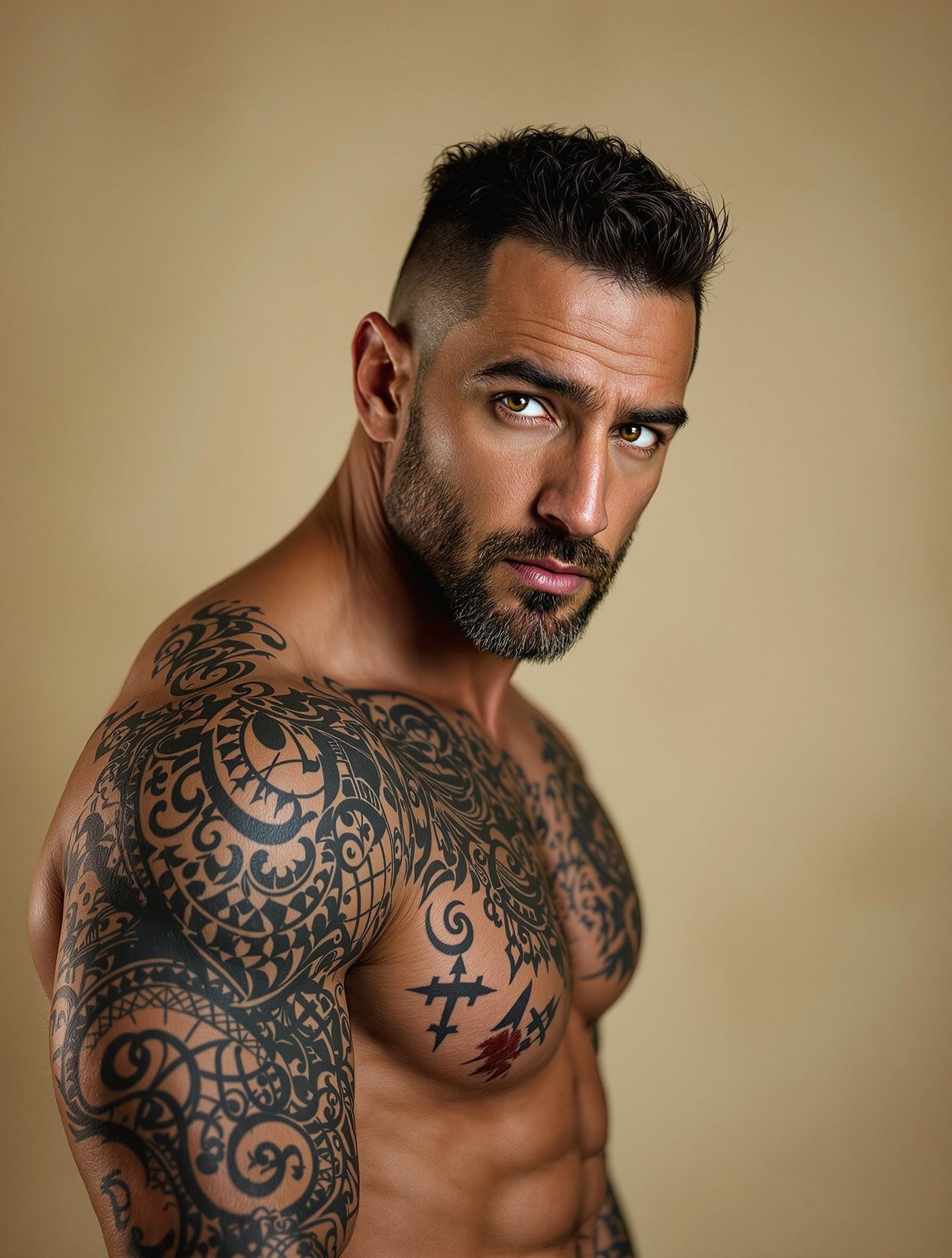 Intense Portrait of Muscular Man with Tattoos
