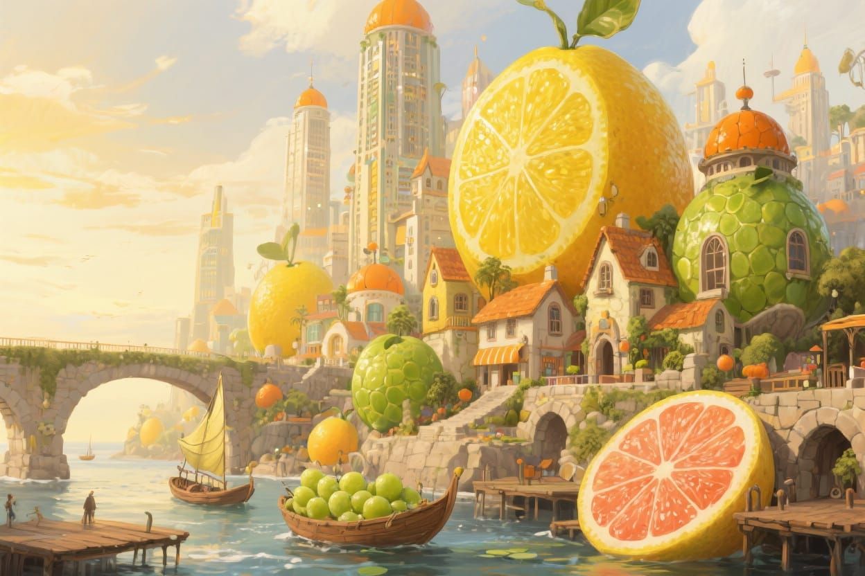 Citrus Fruit City in Painterly Style