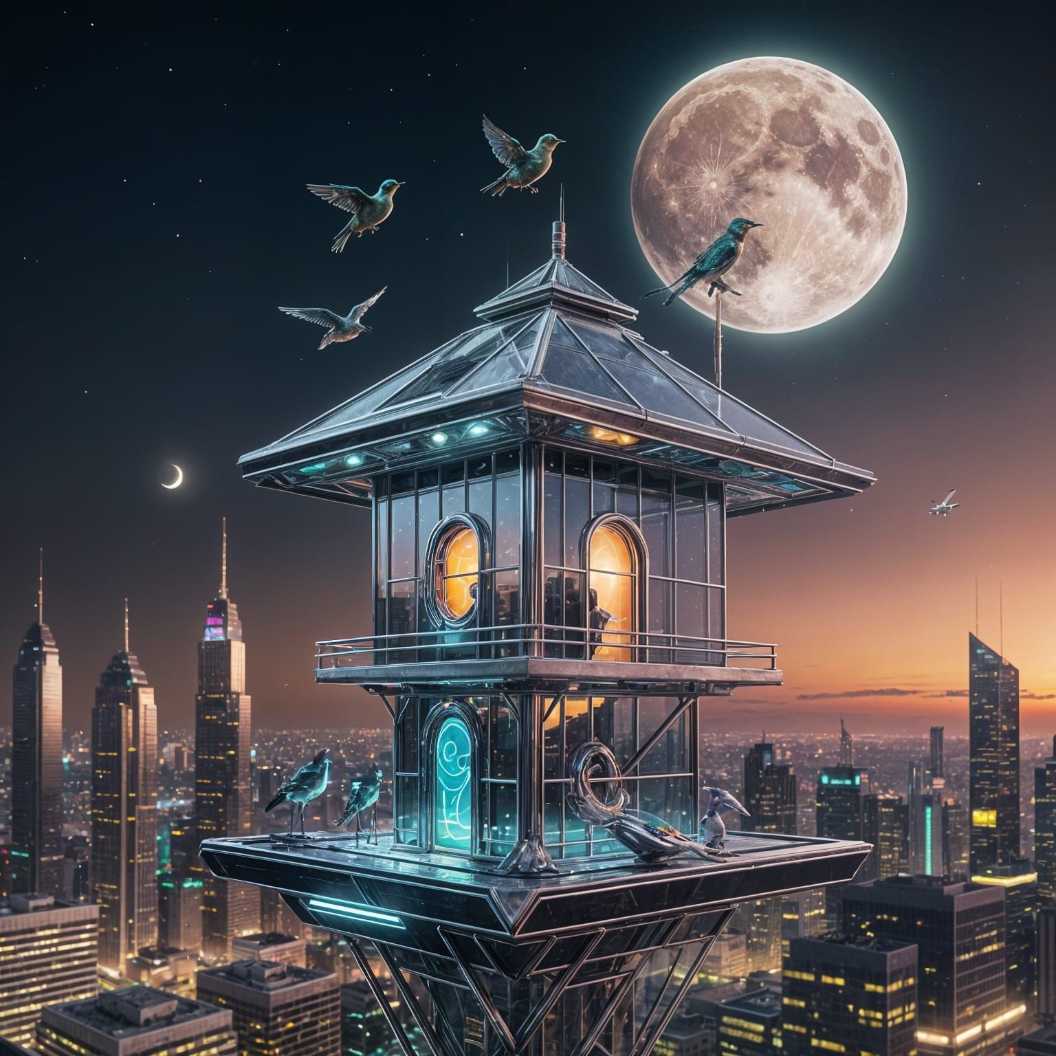 Futuristic Birdhouse on Lunar Skyscraper in Chrome and Glass