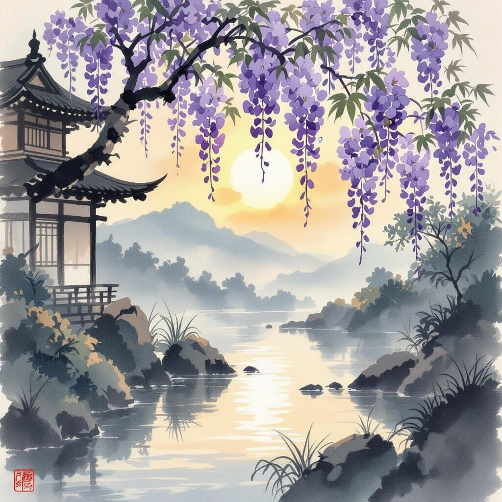 Japanese Ink Wash Painting of Wisteria in Spring