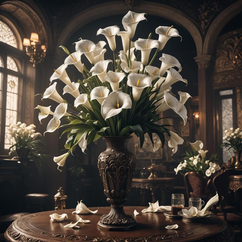Victorian Arum Lilies in Ornate Vase