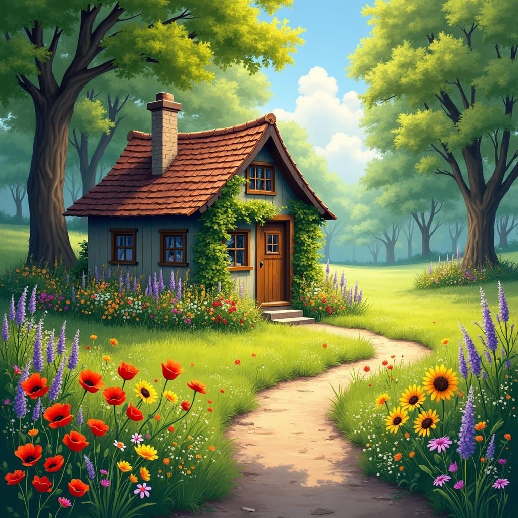 Idyllic Cottage in Meadow, Impressionist Style