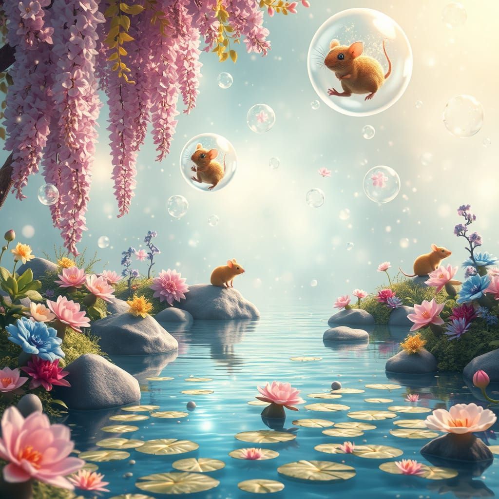 Dreamy Anime Lake with Floating Soap Bubbles