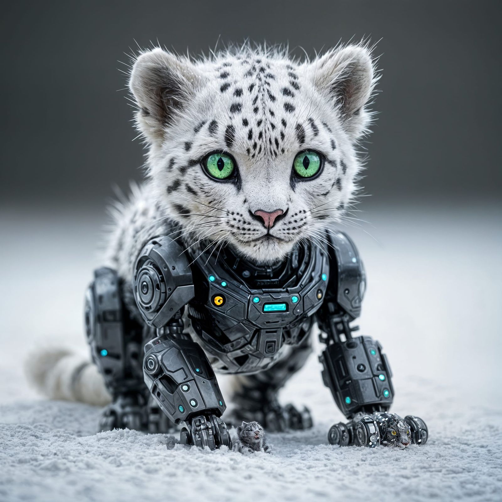 Photorealistic Baby Snow Leopard Cyborg with Glowing Eyes