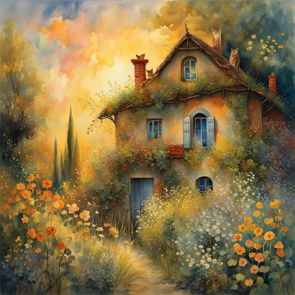 Enchanted Cottagecore Garden Paradise in Watercolor