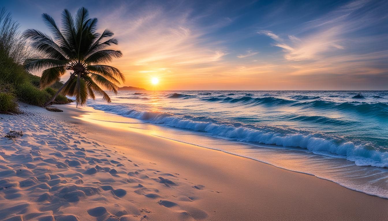 Tropical Beach Sunset with Palm Trees