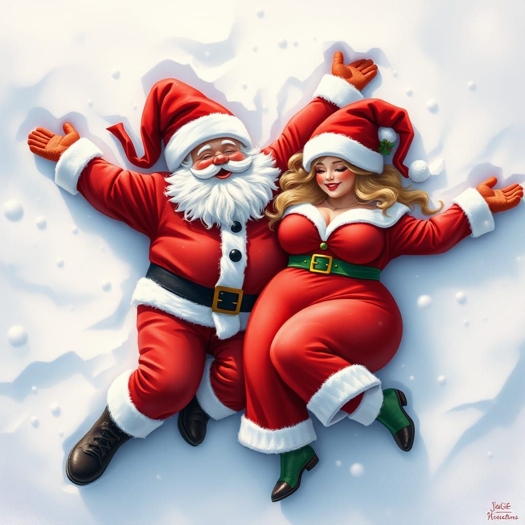 Jolly Santa and Mrs. Claus Make Snow Angels in Winter Wonder...