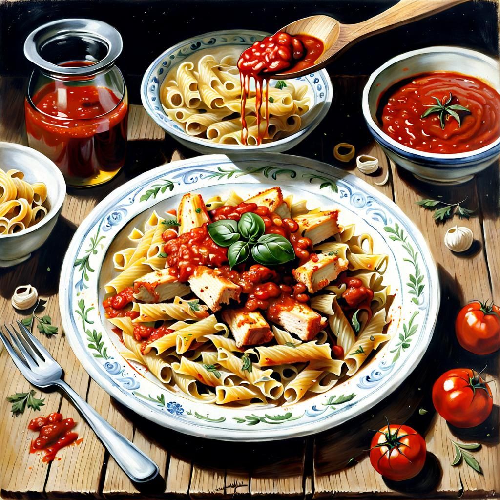 Italian Chicken Pasta in Oil Painting Style