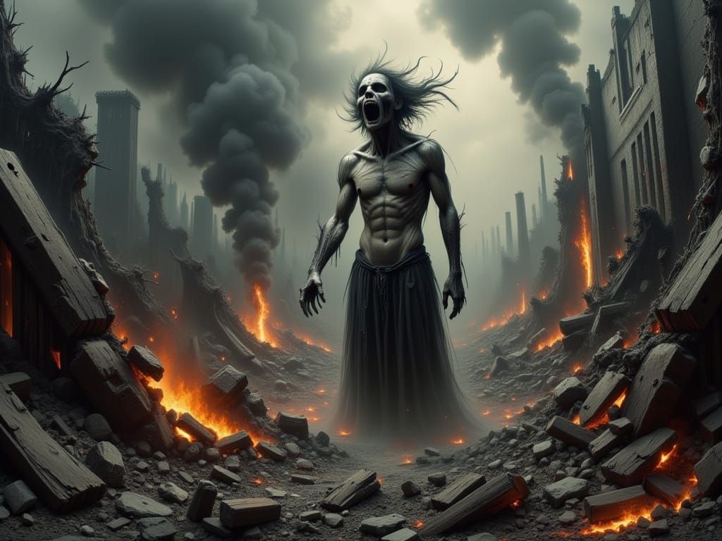 Apocalyptic Figure in Surreal Landscape, Oil on Canvas