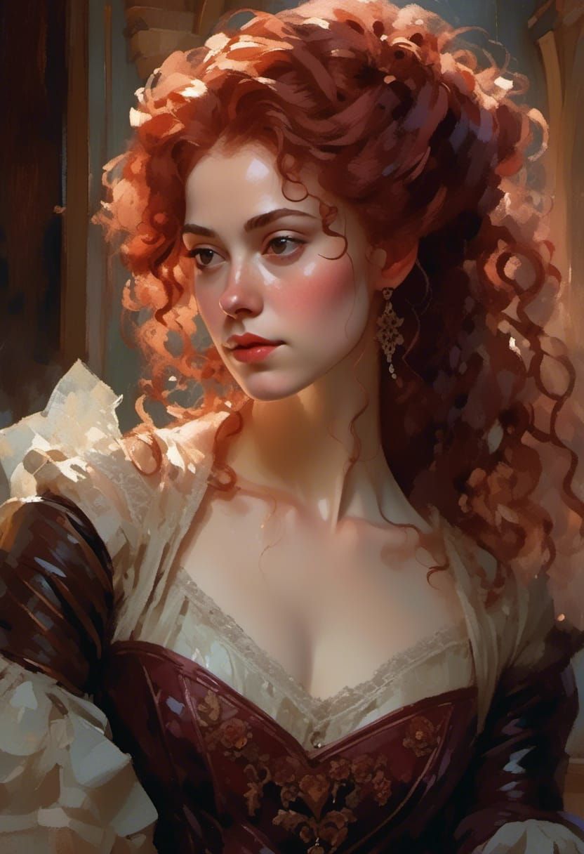 Red-Haired Lady in Leather and Lace Gown