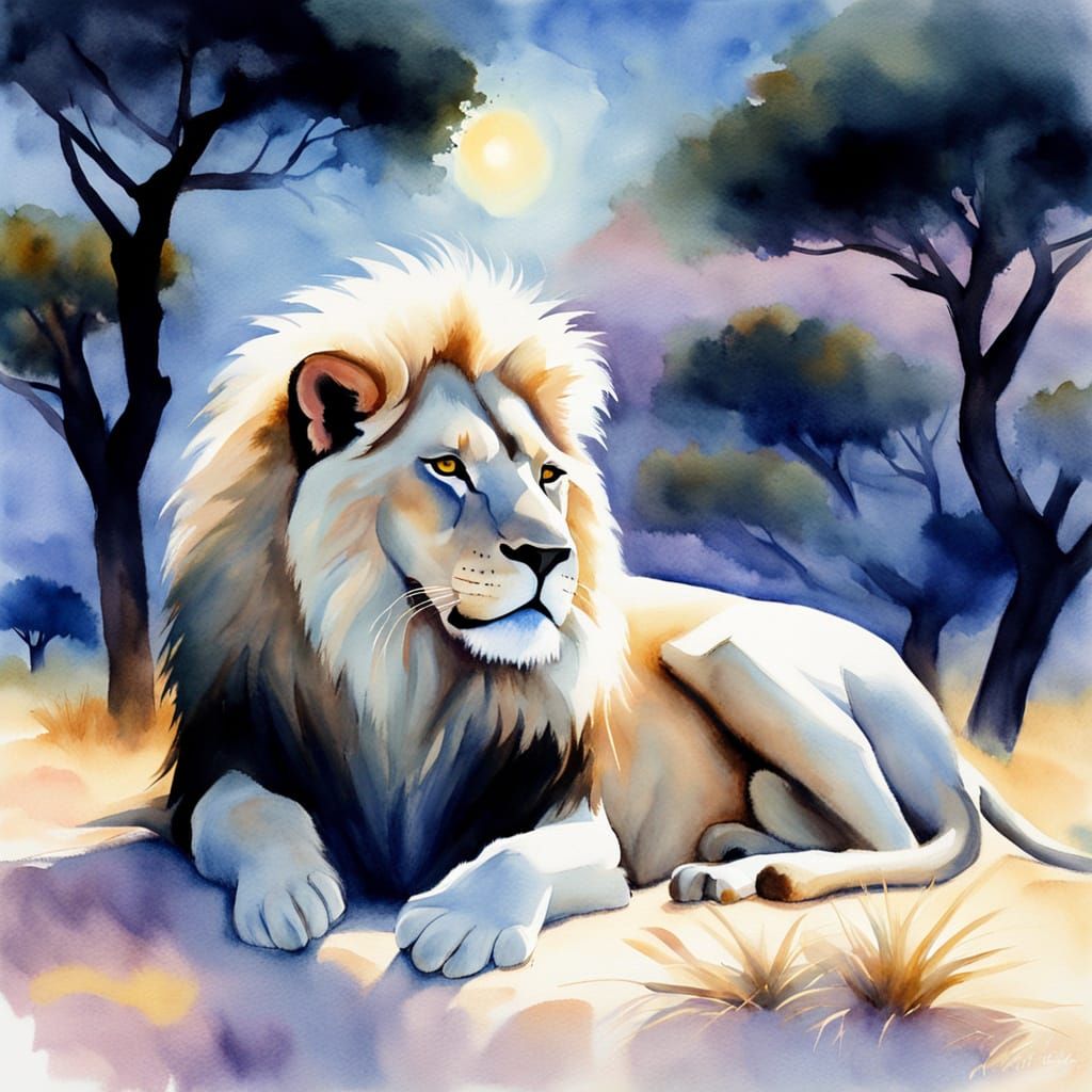 Serene White Lion in Pastel African Landscape